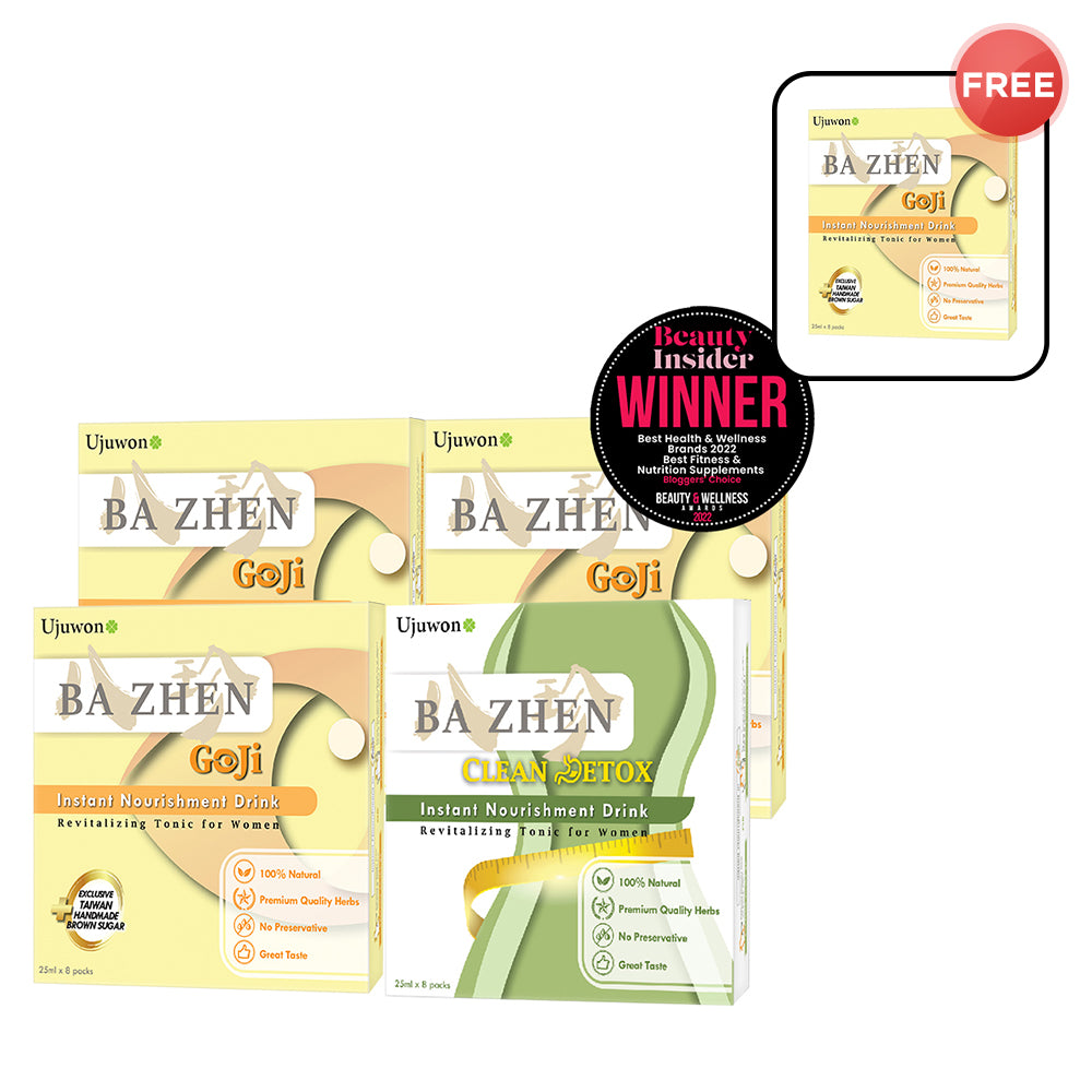 【Bundle of 4】Ujuwon Ba Zhen Goji Instant Nourishment Drink 8s x 3 + Ujuwon Ba Zhen Clean Detox Instant Nourishment Drink 8s x 1 + Free Ba Zhen Goji Instant Nourishment Drink 8s × 1 box