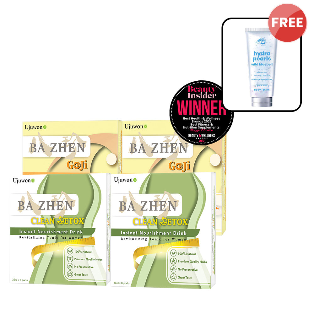【Bundle of 4】Ujuwon Ba Zhen Goji Instant Nourishment Drink 8s (EXP-20260220) x 2 + Clean Detox Instant Nourishment Drink 8s x 2 + Free Oh Oppa Hydra Pearl Wild Bluebell Premium Body Lotion 150g × 1