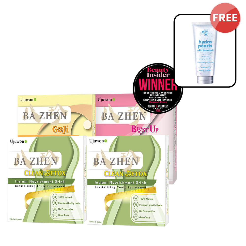 【Bundle of 4】Ujuwon Ba Zhen Goji Instant Nourishment Drink 8s (EXP-20260220) x 1 + B.ust Up Instant Nourishment Drink 8s x 1 + Clean Detox Instant Nourishment Drink 8s x 2 + Free Oh Oppa Hydra Pearl Wild Bluebell Premium Body Lotion 150g × 1