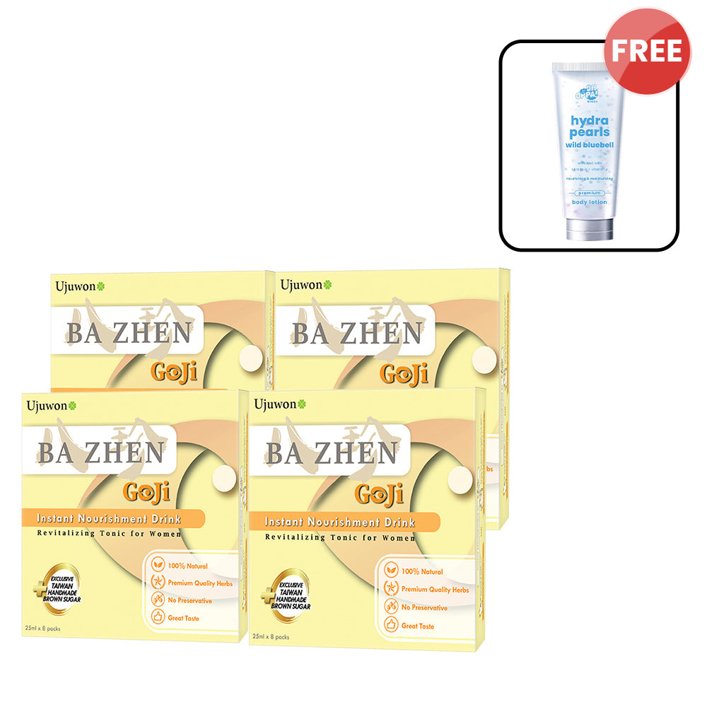 【Bundle of 4】Ujuwon Ba Zhen Goji Instant Nourishment Drink 8s x 4 + Free Oh Oppa Hydra Pearl Wild Bluebell Premium Body Lotion 150g × 1