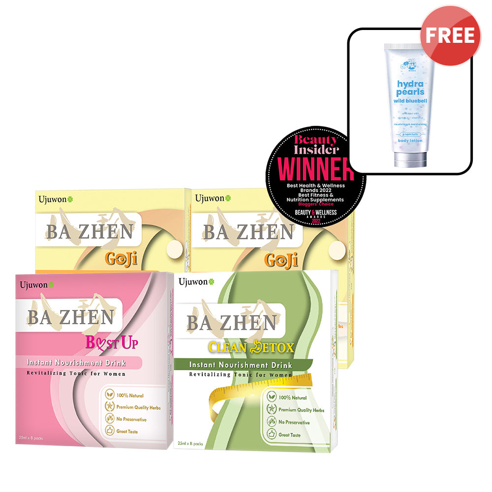 【Bundle of 4】Ujuwon Ba Zhen Goji Instant Nourishment Drink 8s (EXP-20260220) x 2 + B.ust Up Instant Nourishment Drink 8s x 1 + Detox Instant Nourishment Drink 8s x 1 + Free Oh Oppa Hydra Pearl Wild Bluebell Premium Body Lotion 150g × 1