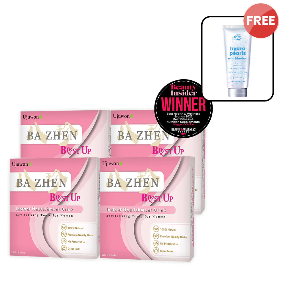 【Bundle of 4】Ujuwon Ba Zhen B.ust Up Instant Nourishment Drink 8s x 4 + Free Oh Oppa Hydra Pearl Wild Bluebell Premium Body Lotion 150g × 1