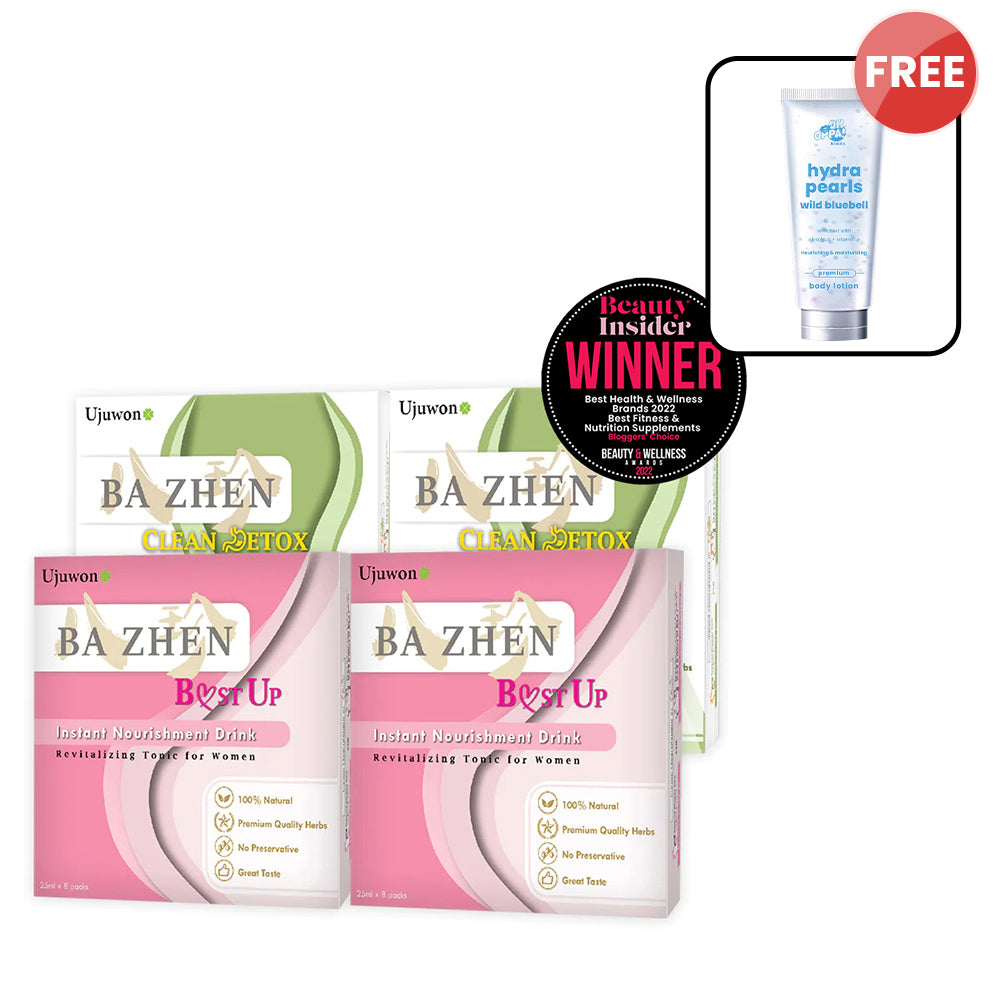 【Bundle of 4】Ujuwon Ba Zhen B.ust Up Instant Nourishment Drink 8s + Clean Detox Instant Nourishment Drink 8s + Free Oh Oppa Hydra Pearl Wild Bluebell Premium Body Lotion 150g × 1